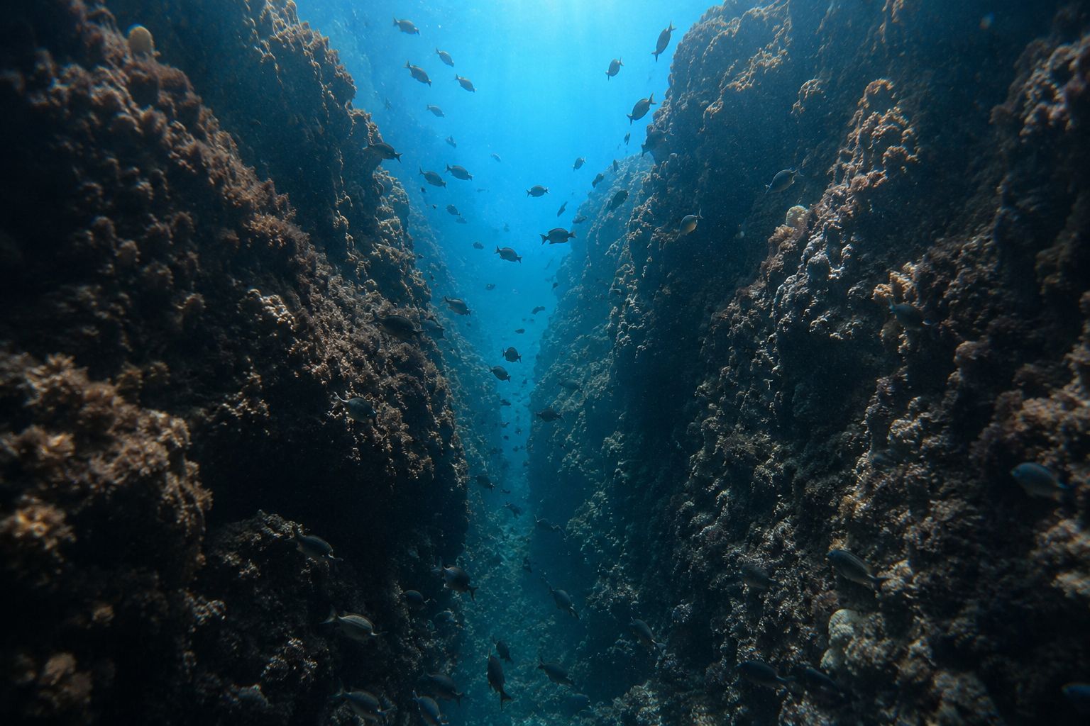 Rocky reef structure and blue water at a dive site on the Lebanese Mediterranean coast