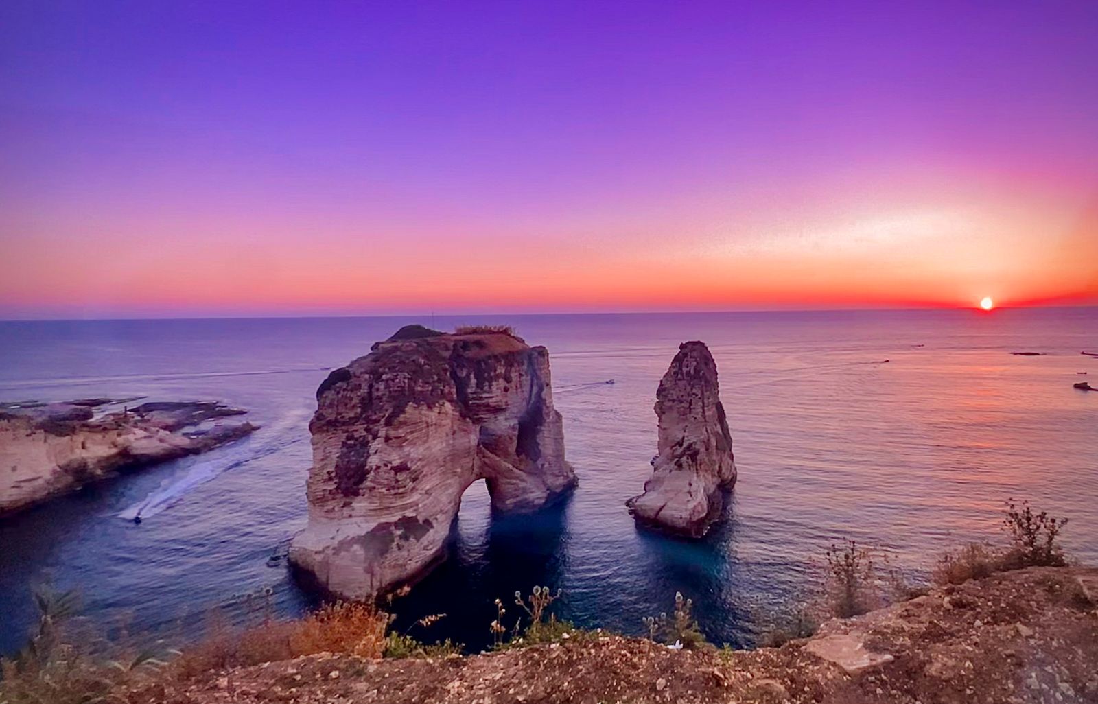 Rock formations and arches on the Beirut coastline near Raouché, above the Riviera dive sites