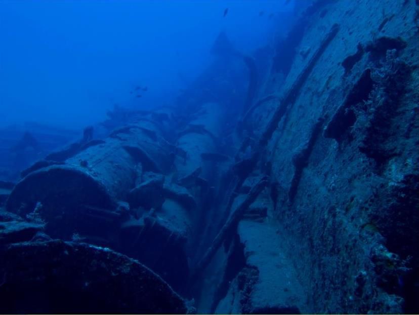 Diver approaching the hull of the Souffleur submarine wreck off Khaldé, Lebanon
